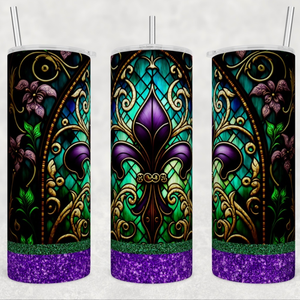 Mardi Gras Looks like stained glass 20oz Straight Tumbler with straw Included